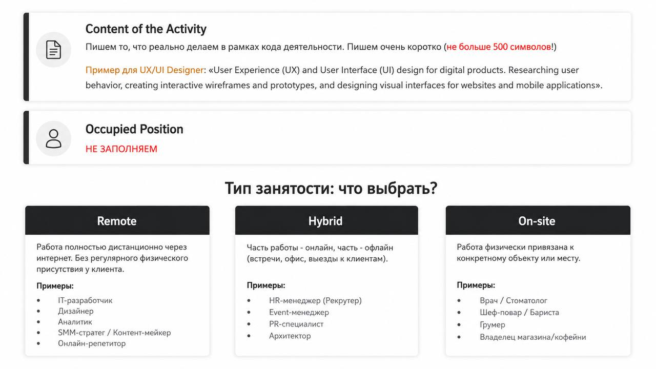 Описание деятельности и тип занятости